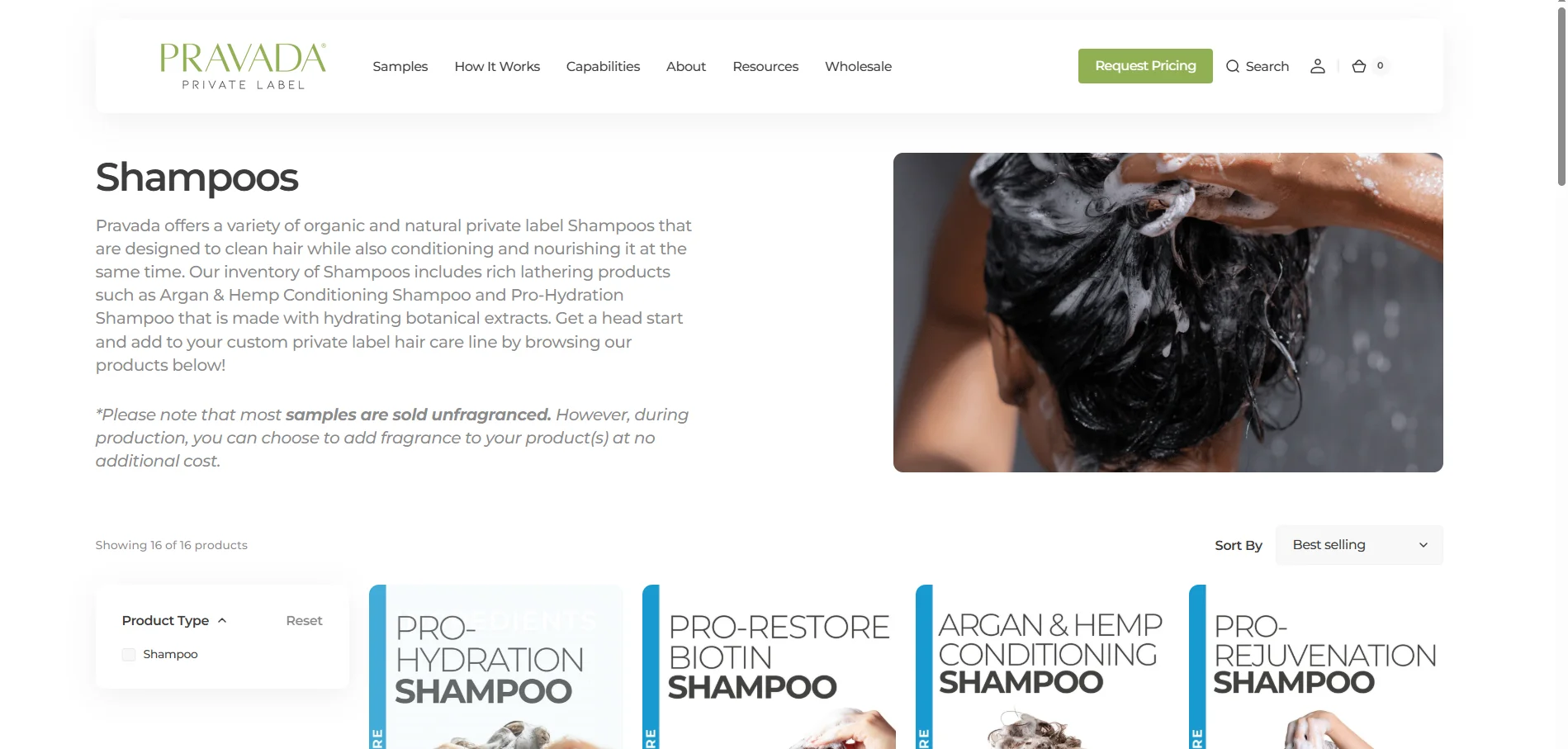 Pravada private label shampoo page showcasing various shampoo types with a person applying shampoo in an inset image.